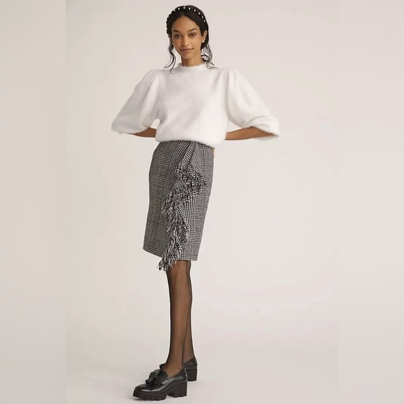 NWT Mare Mare x Anthropologie Houndstooth Fringe Mini Skirt Preppy Black White L - Picture 2 of 12